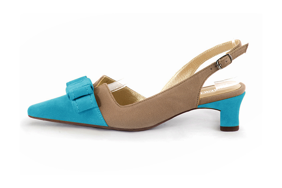French elegance and refinement for these tan beige and turquoise blue dress slingback shoes, with a knot, 
                available in many subtle leather and colour combinations. The pretty French spirit of this beautiful pump will accompany your steps nicely and comfortably.
To be personalized or not, with your materials and colors.  
                Matching clutches for parties, ceremonies and weddings.   
                You can customize these shoes to perfectly match your tastes or needs, and have a unique model.  
                Choice of leathers, colours, knots and heels. 
                Wide range of materials and shades carefully chosen.  
                Rich collection of flat, low, mid and high heels.  
                Small and large shoe sizes - Florence KOOIJMAN